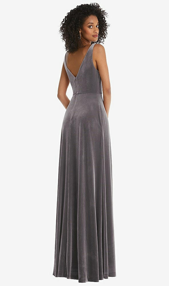 Back View - Caviar Gray Velvet Maxi Dress with Shirred Bodice and Front Slit