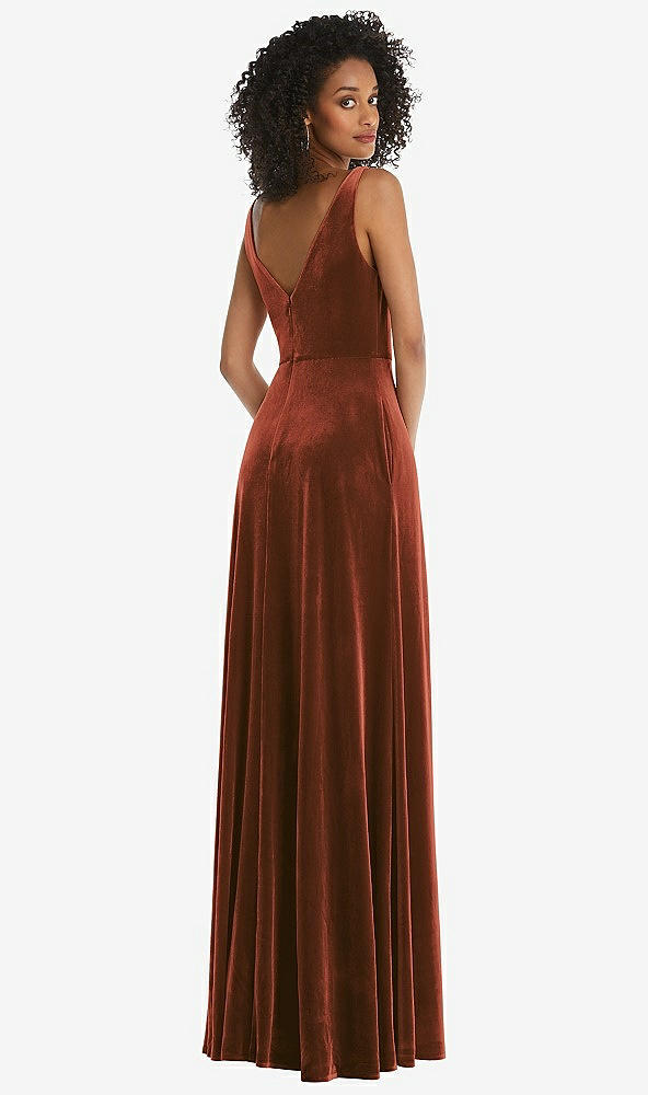 Back View - Auburn Moon Velvet Maxi Dress with Shirred Bodice and Front Slit
