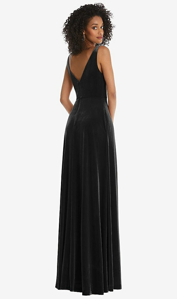 Back View - Black Velvet Maxi Dress with Shirred Bodice and Front Slit