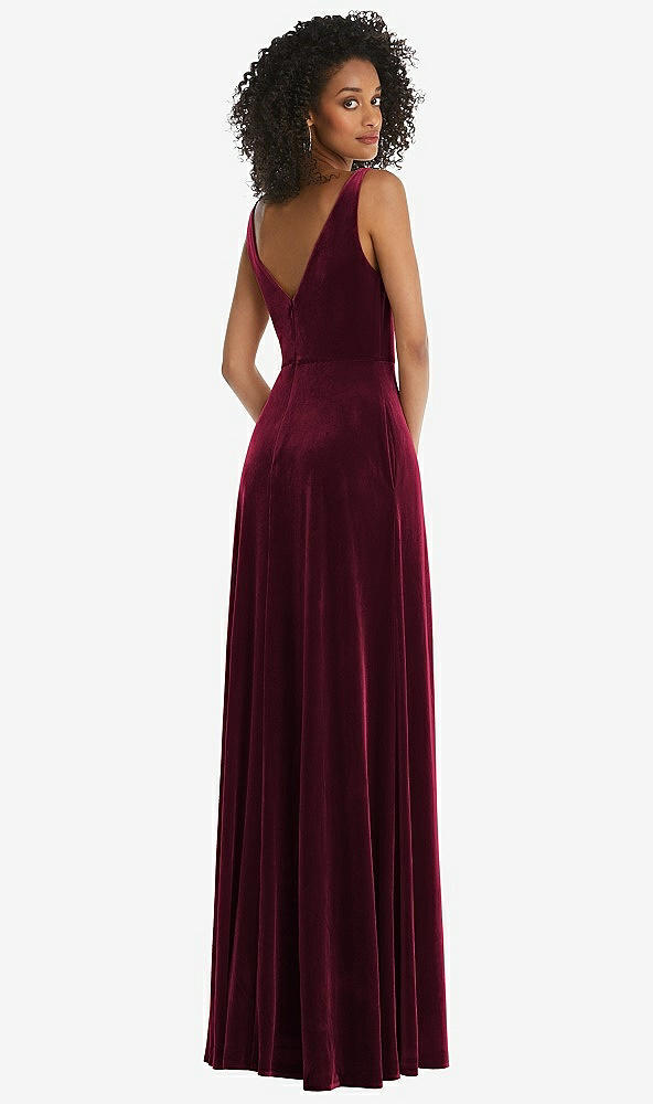 Back View - Cabernet Velvet Maxi Dress with Shirred Bodice and Front Slit