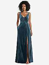 Front View Thumbnail - Dutch Blue Velvet Maxi Dress with Shirred Bodice and Front Slit