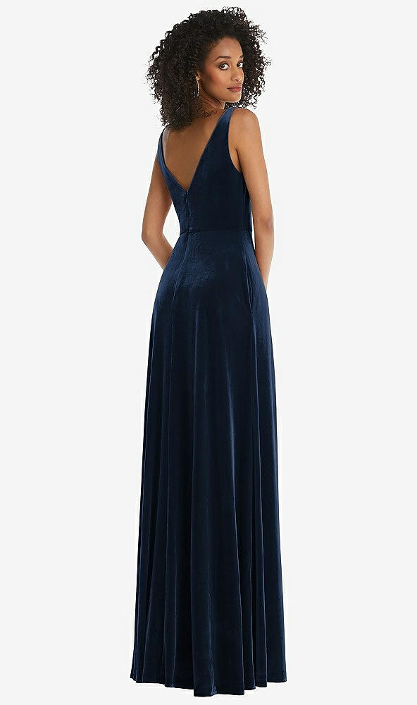 Back View - Midnight Navy Velvet Maxi Dress with Shirred Bodice and Front Slit