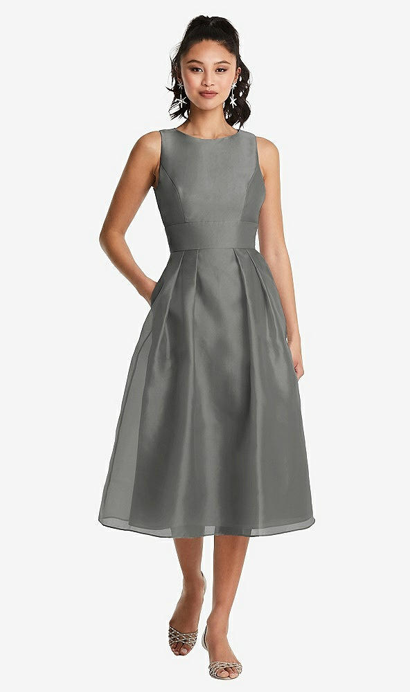 Front View - Charcoal Gray Bateau Neck Open-Back Pleated Skirt Midi Dress