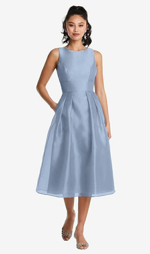 Front View - Cloudy Bateau Neck Open-Back Pleated Skirt Midi Dress