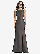 Front View Thumbnail - Caviar Gray Jewel Neck Bowed Open-Back Trumpet Dress with Front Slit