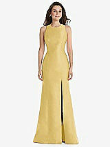 Front View Thumbnail - Maize Jewel Neck Bowed Open-Back Trumpet Dress with Front Slit