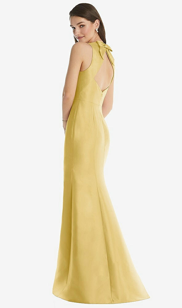 Back View - Maize Jewel Neck Bowed Open-Back Trumpet Dress with Front Slit