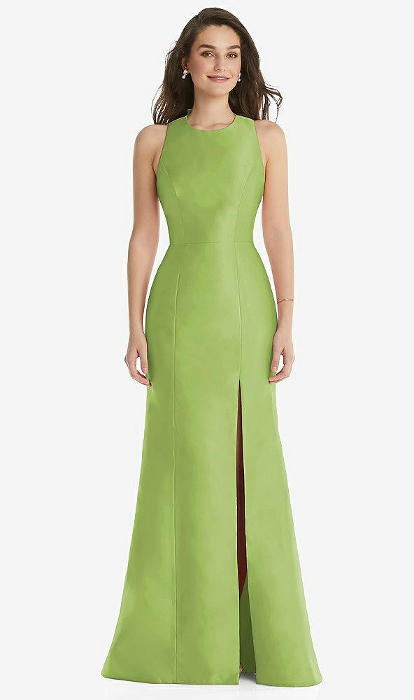 Front View - Mojito Jewel Neck Bowed Open-Back Trumpet Dress with Front Slit