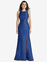 Front View Thumbnail - Classic Blue Jewel Neck Bowed Open-Back Trumpet Dress with Front Slit