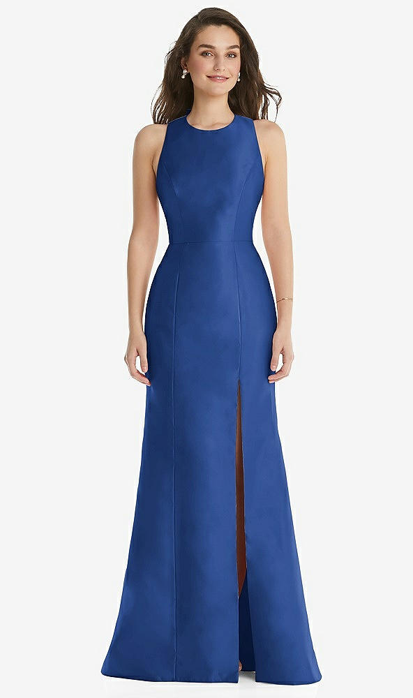 Front View - Classic Blue Jewel Neck Bowed Open-Back Trumpet Dress with Front Slit