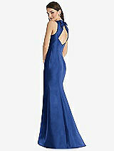 Rear View Thumbnail - Classic Blue Jewel Neck Bowed Open-Back Trumpet Dress with Front Slit
