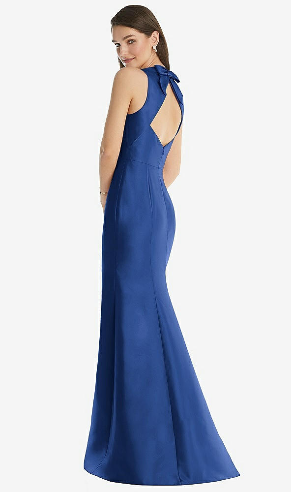 Back View - Classic Blue Jewel Neck Bowed Open-Back Trumpet Dress with Front Slit
