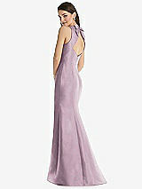 Rear View Thumbnail - Suede Rose Jewel Neck Bowed Open-Back Trumpet Dress with Front Slit