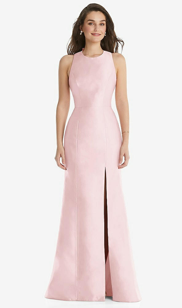 Front View - Ballet Pink Jewel Neck Bowed Open-Back Trumpet Dress with Front Slit