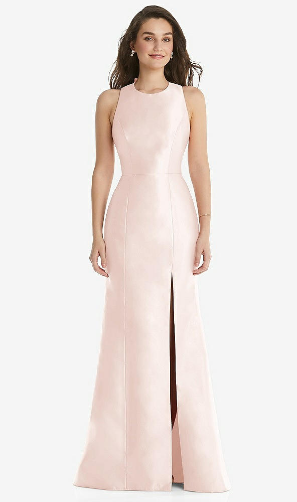 Front View - Blush Jewel Neck Bowed Open-Back Trumpet Dress with Front Slit