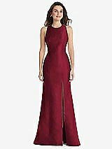 Front View Thumbnail - Burgundy Jewel Neck Bowed Open-Back Trumpet Dress with Front Slit