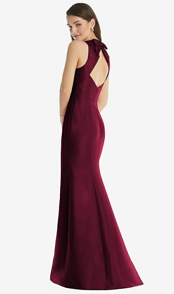 Back View - Cabernet Jewel Neck Bowed Open-Back Trumpet Dress with Front Slit