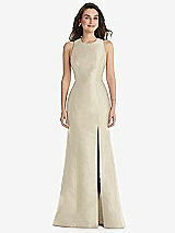 Front View Thumbnail - Champagne Jewel Neck Bowed Open-Back Trumpet Dress with Front Slit