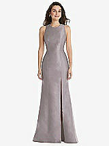 Front View Thumbnail - Cashmere Gray Jewel Neck Bowed Open-Back Trumpet Dress with Front Slit