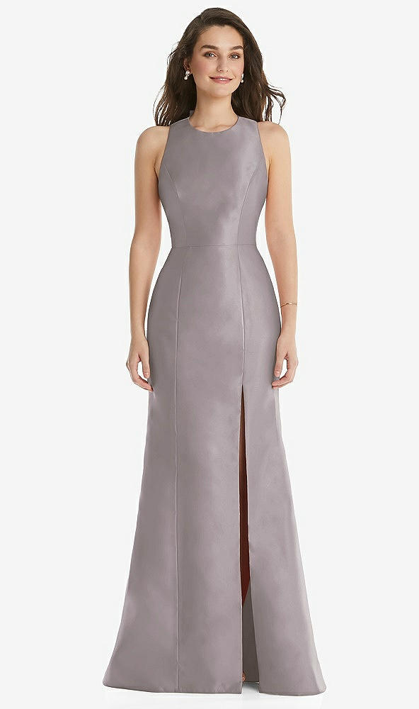 Front View - Cashmere Gray Jewel Neck Bowed Open-Back Trumpet Dress with Front Slit