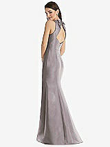 Rear View Thumbnail - Cashmere Gray Jewel Neck Bowed Open-Back Trumpet Dress with Front Slit