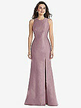 Front View Thumbnail - Dusty Rose Jewel Neck Bowed Open-Back Trumpet Dress with Front Slit