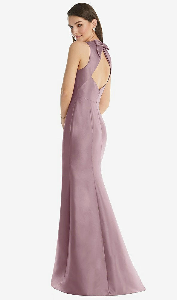 Back View - Dusty Rose Jewel Neck Bowed Open-Back Trumpet Dress with Front Slit