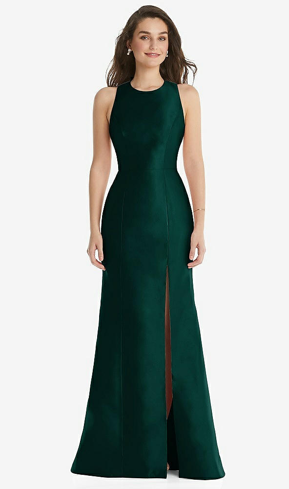 Front View - Evergreen Jewel Neck Bowed Open-Back Trumpet Dress with Front Slit
