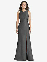Front View Thumbnail - Gunmetal Jewel Neck Bowed Open-Back Trumpet Dress with Front Slit