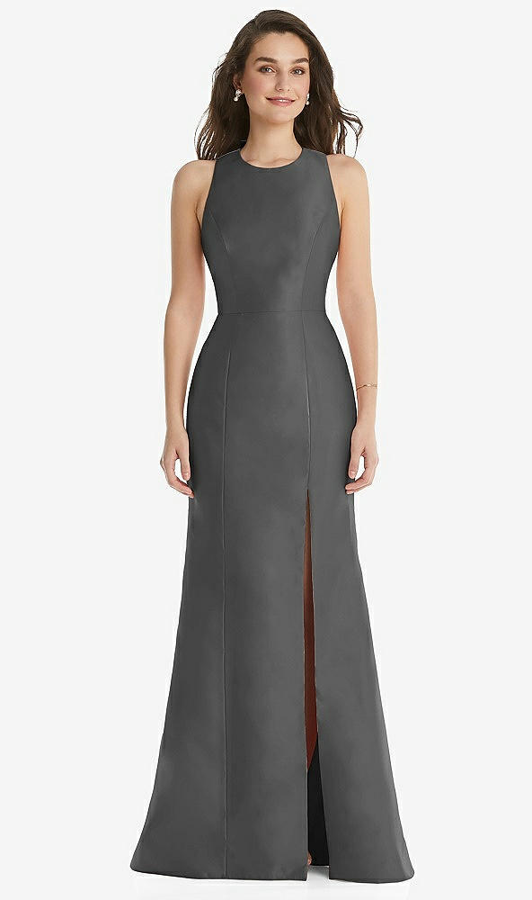 Front View - Gunmetal Jewel Neck Bowed Open-Back Trumpet Dress with Front Slit