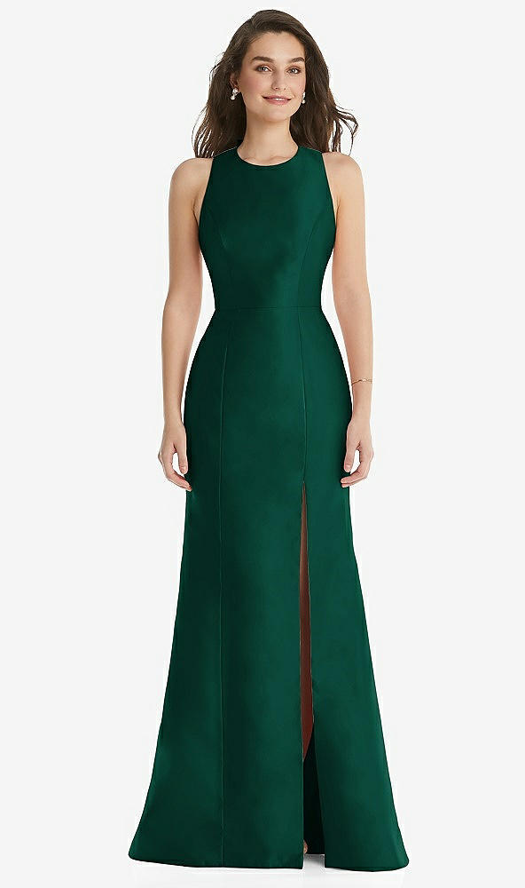 Front View - Hunter Green Jewel Neck Bowed Open-Back Trumpet Dress with Front Slit
