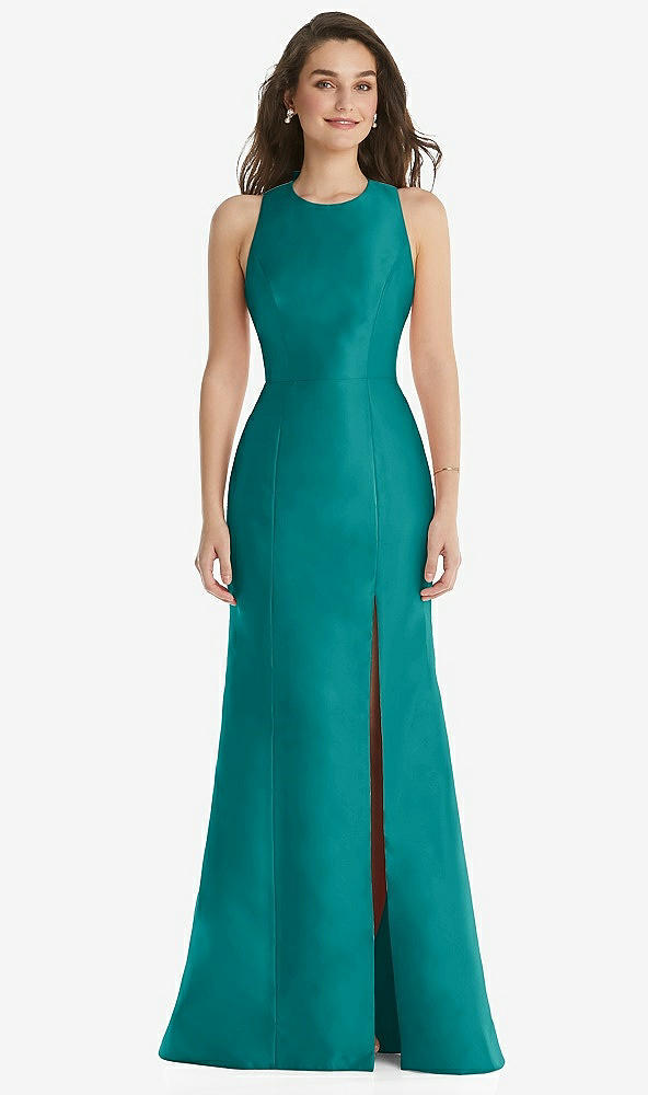 Front View - Jade Jewel Neck Bowed Open-Back Trumpet Dress with Front Slit