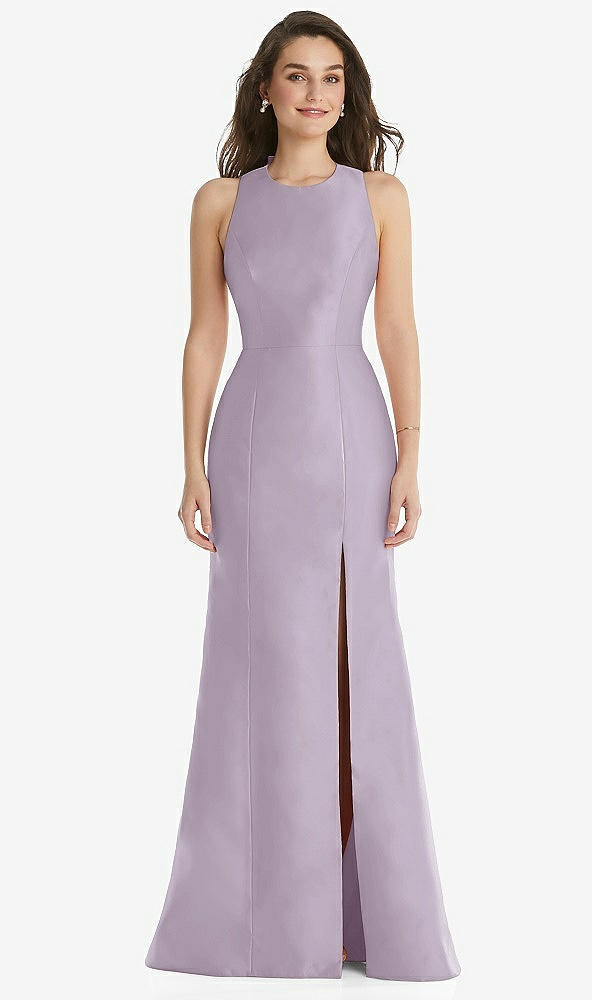 Front View - Lilac Haze Jewel Neck Bowed Open-Back Trumpet Dress with Front Slit