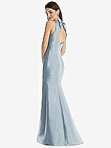 Rear View Thumbnail - Mist Jewel Neck Bowed Open-Back Trumpet Dress with Front Slit