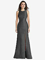 Front View Thumbnail - Pewter Jewel Neck Bowed Open-Back Trumpet Dress with Front Slit