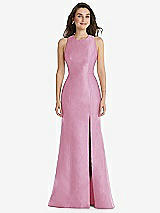 Front View Thumbnail - Powder Pink Jewel Neck Bowed Open-Back Trumpet Dress with Front Slit