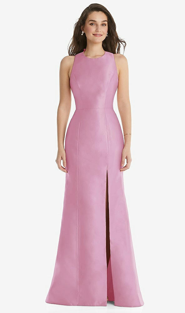 Front View - Powder Pink Jewel Neck Bowed Open-Back Trumpet Dress with Front Slit