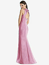 Rear View Thumbnail - Powder Pink Jewel Neck Bowed Open-Back Trumpet Dress with Front Slit