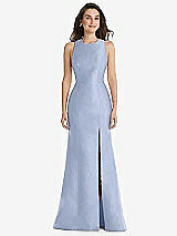 Front View Thumbnail - Sky Blue Jewel Neck Bowed Open-Back Trumpet Dress with Front Slit