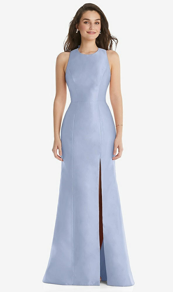 Front View - Sky Blue Jewel Neck Bowed Open-Back Trumpet Dress with Front Slit