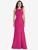 Front View Thumbnail - Think Pink Jewel Neck Bowed Open-Back Trumpet Dress with Front Slit