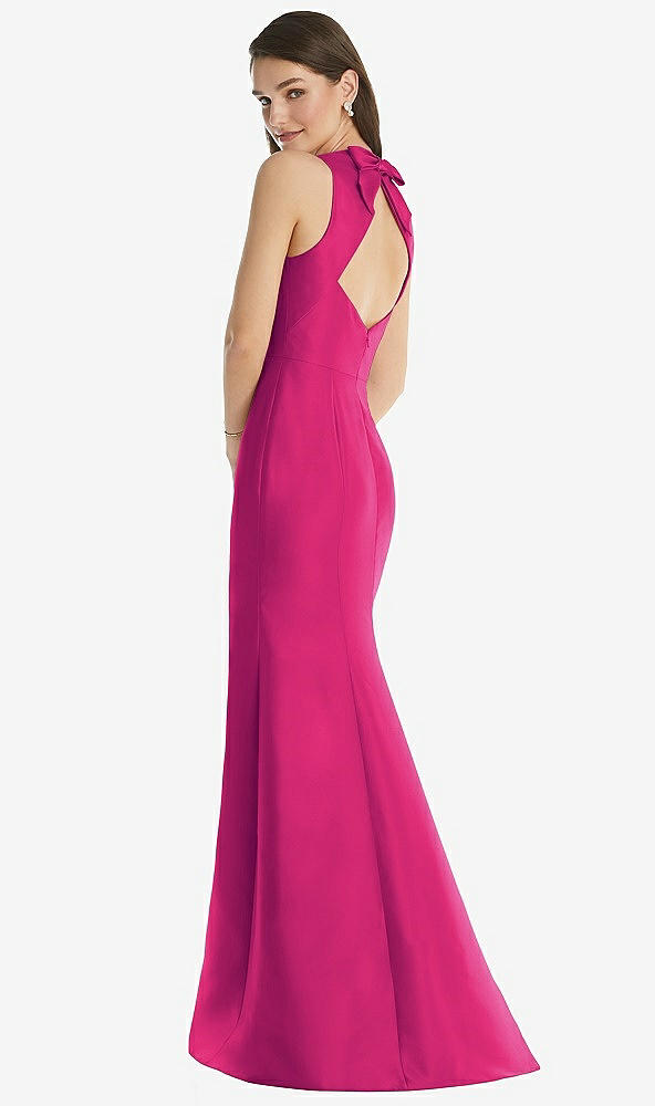 Back View - Think Pink Jewel Neck Bowed Open-Back Trumpet Dress with Front Slit