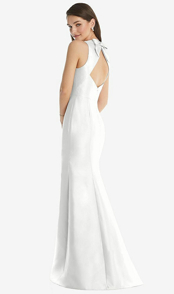 Back View - White Jewel Neck Bowed Open-Back Trumpet Dress with Front Slit