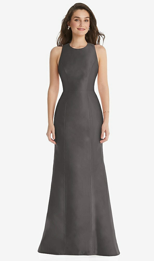 Front View - Caviar Gray Jewel Neck Bowed Open-Back Trumpet Dress 