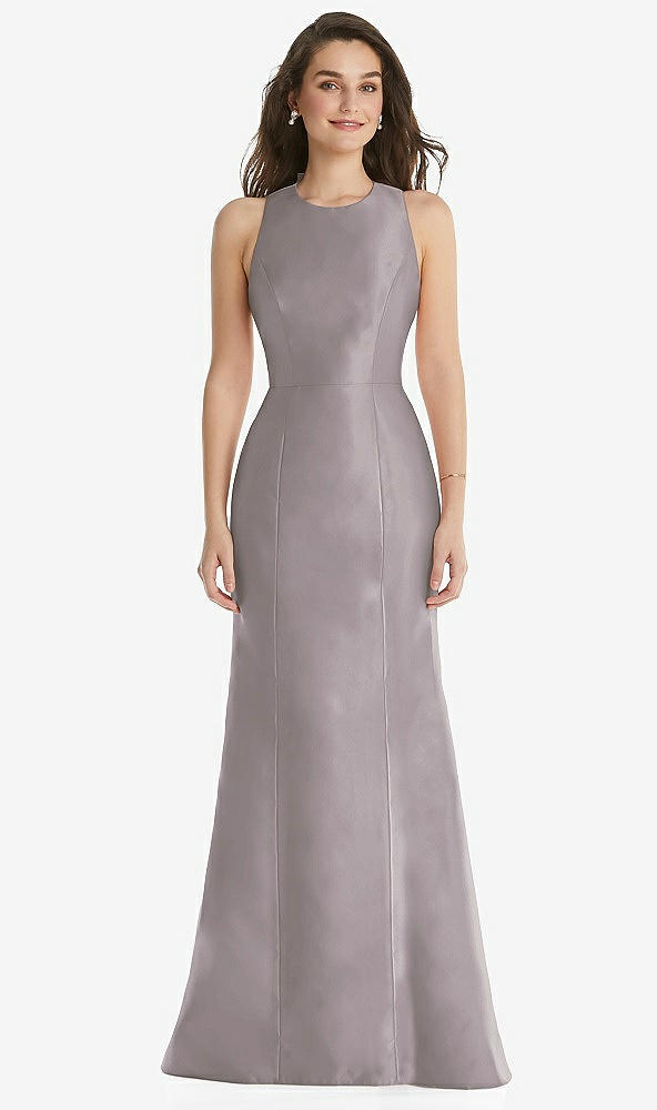 Front View - Cashmere Gray Jewel Neck Bowed Open-Back Trumpet Dress 