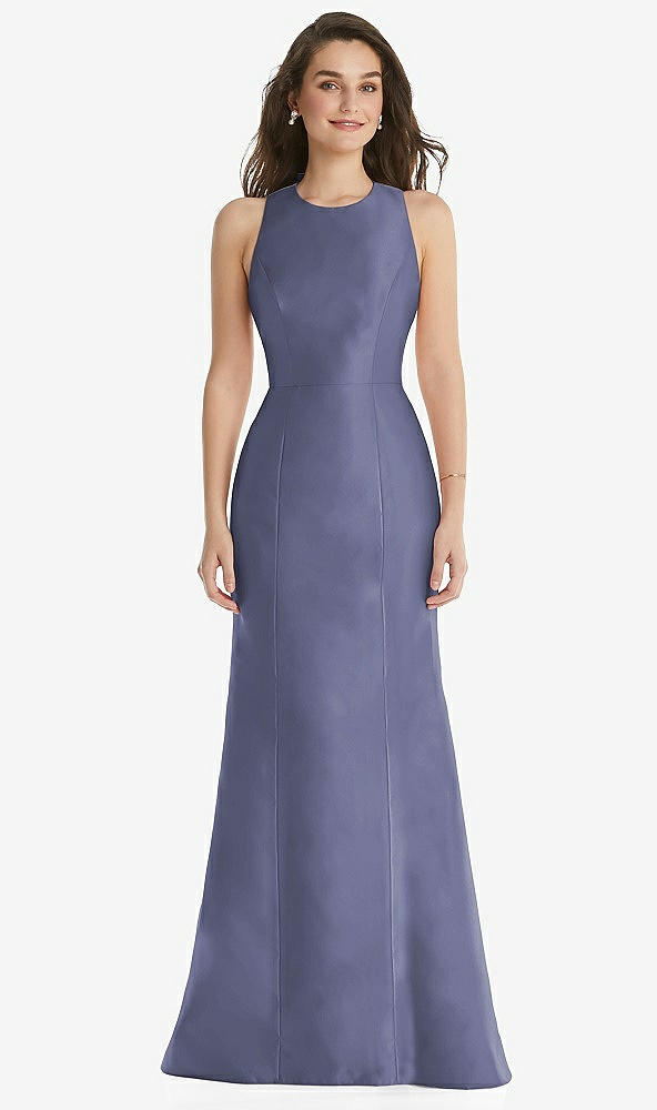 Front View - French Blue Jewel Neck Bowed Open-Back Trumpet Dress 