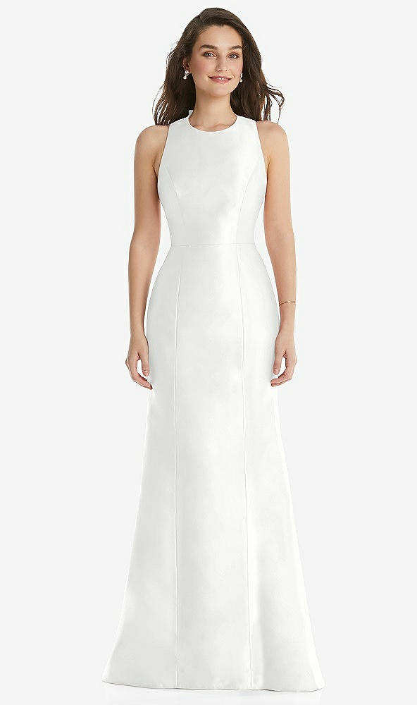 Front View - White Jewel Neck Bowed Open-Back Trumpet Dress 