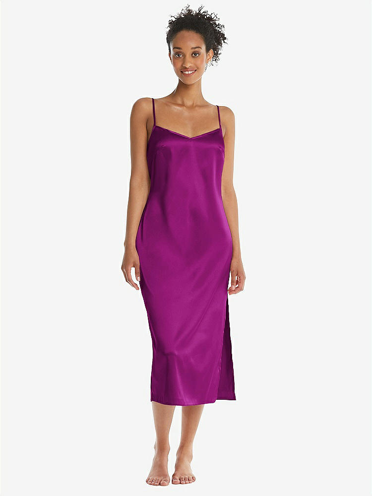 Front View - Persian Plum  Midi Stretch Satin Slip with Adjustable Straps - Asley