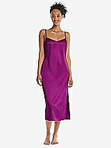 Front View Thumbnail - Persian Plum  Midi Stretch Satin Slip with Adjustable Straps - Asley