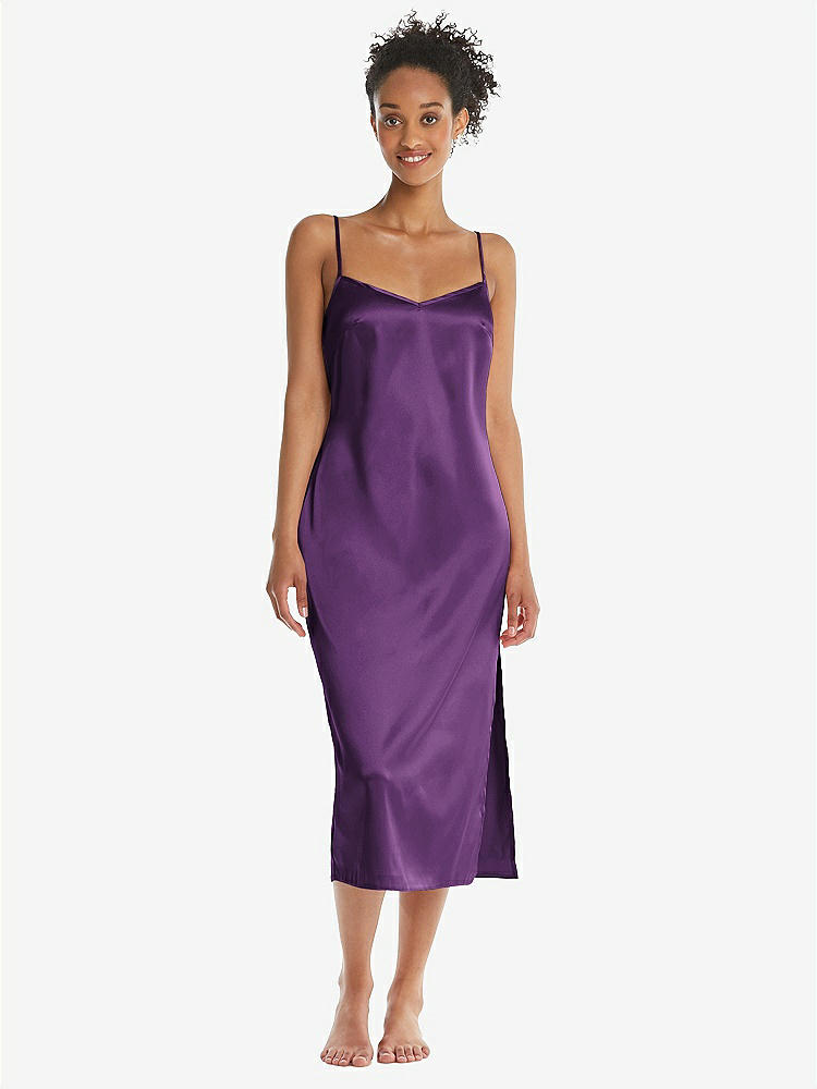 Front View - African Violet  Midi Stretch Satin Slip with Adjustable Straps - Asley